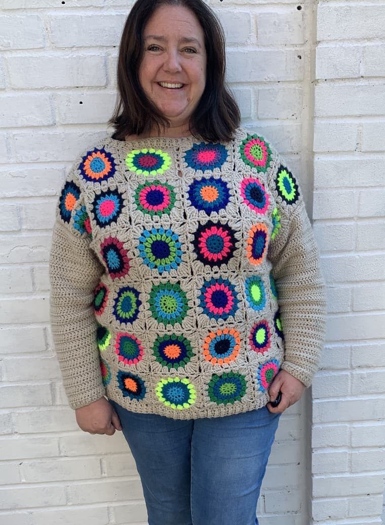 Sunburst Granny Squares Sweater free crochet pattern by Vicki Roberts