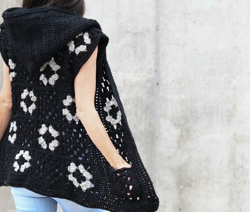 Hooded Granny Square Vest free crochet pattern by Jessica